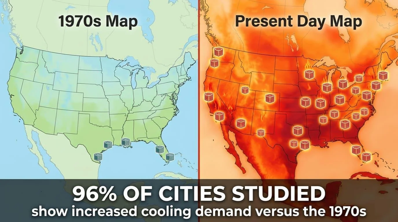 1970s versus present-day U.S. heat maps showing 96% of studied cities now have increased cooling demand
