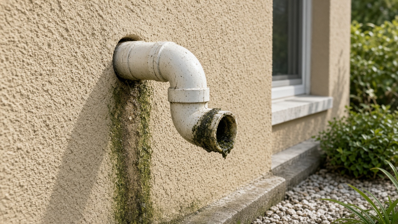 Clogged PVC condensate drain with green algae at the exterior of a Florida home
