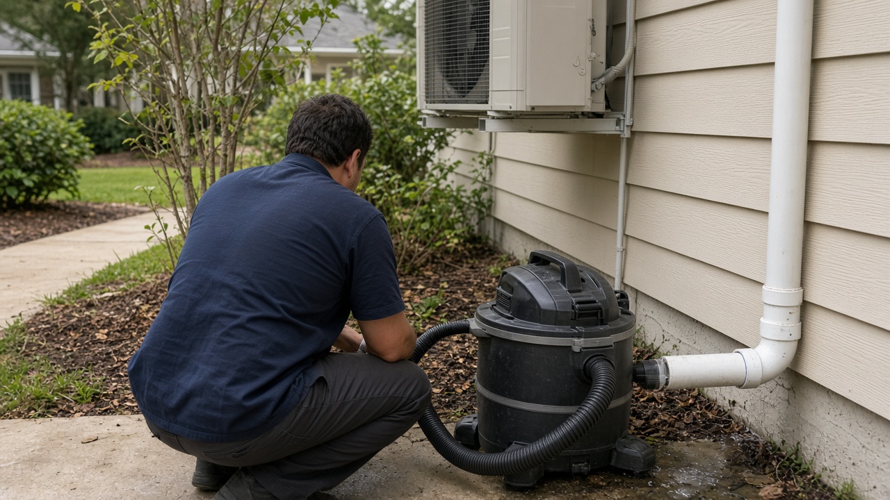 Technician clearing an outdoor condensate drain with a wet-dry vacuum