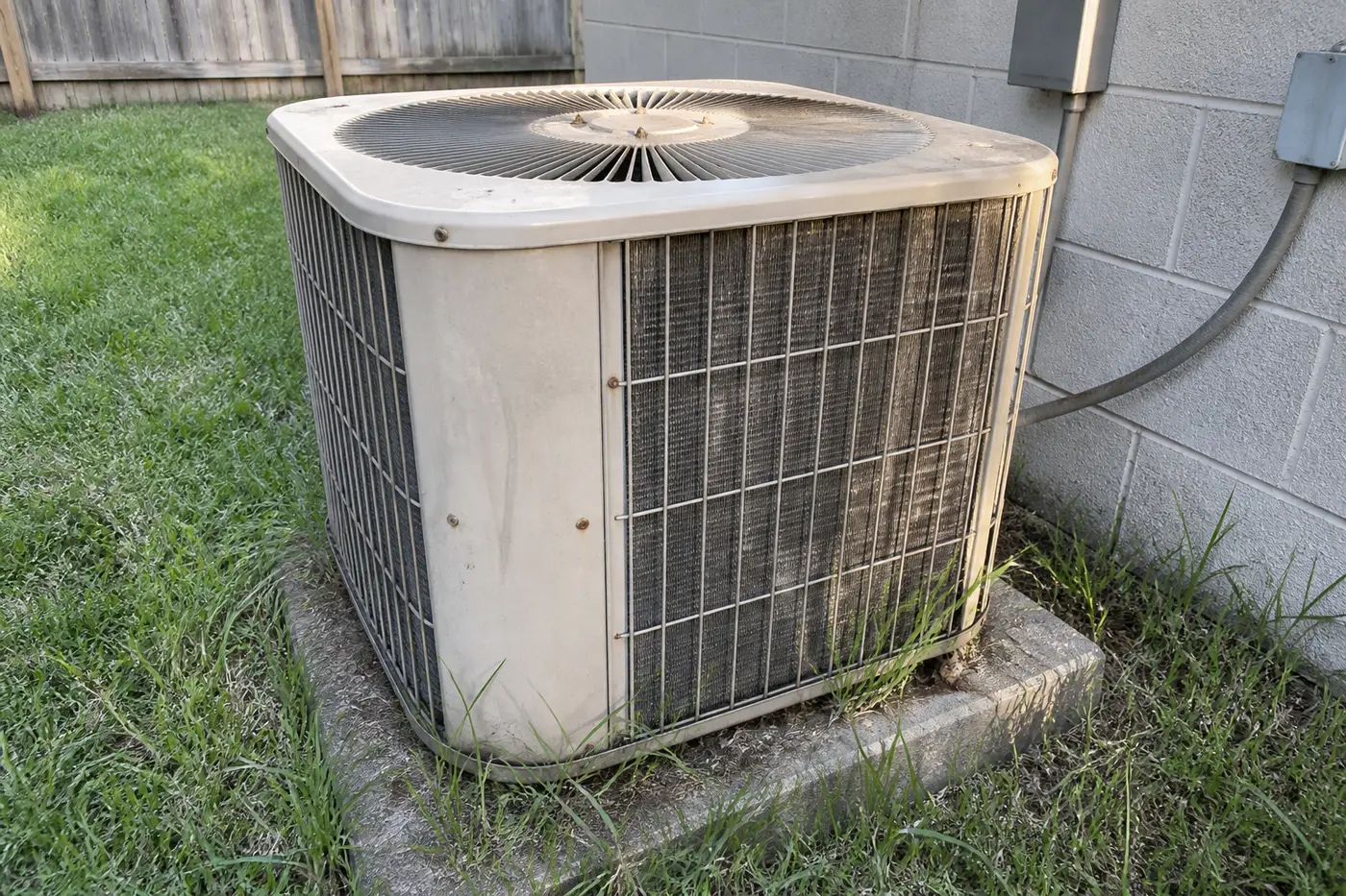 Fifteen-year-old outdoor AC condenser in a Florida backyard, faded cabinet and dirty fins