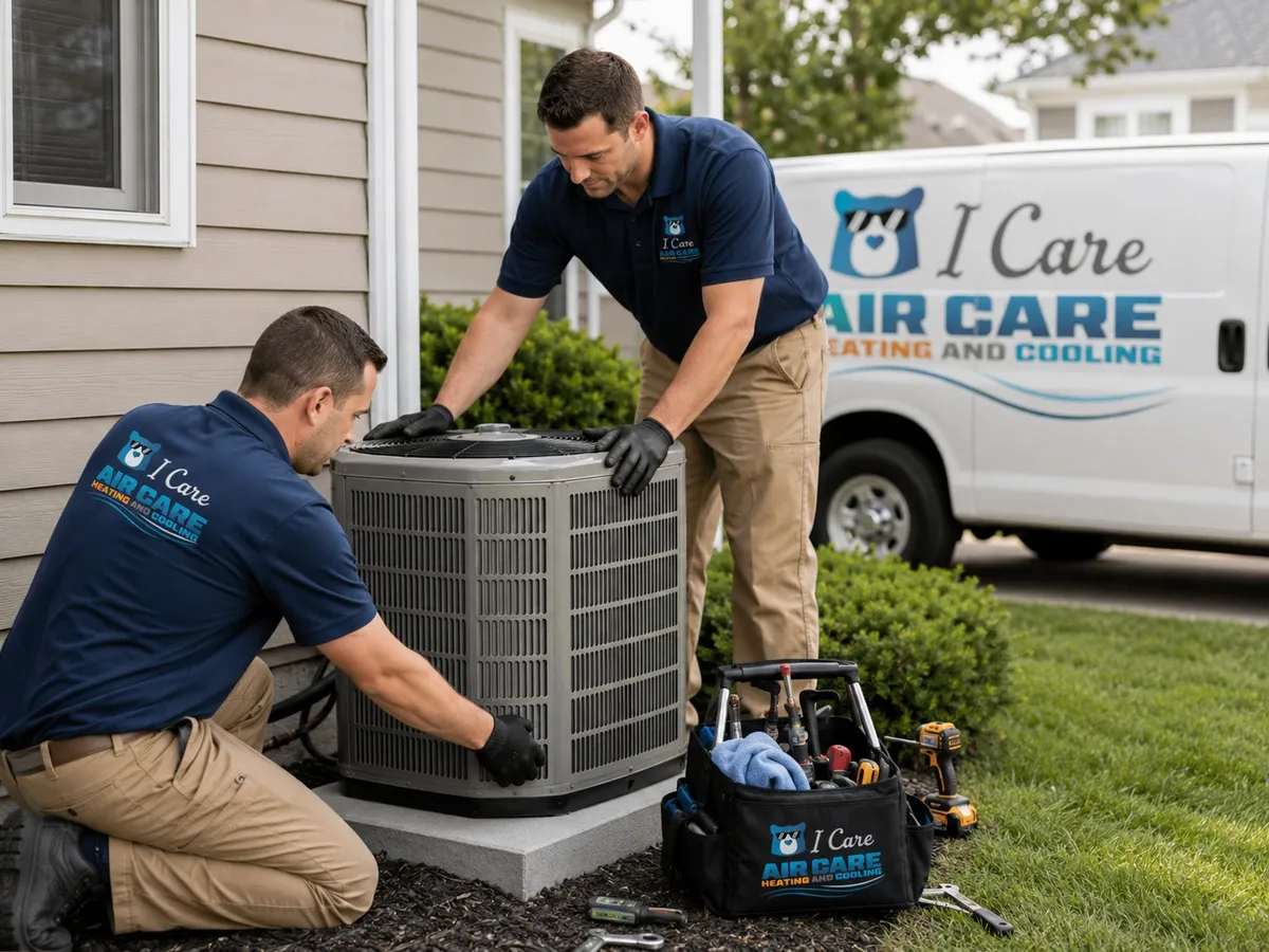 Two I Care Air Care technicians servicing an outdoor AC condenser during a Tampa Bay maintenance visit