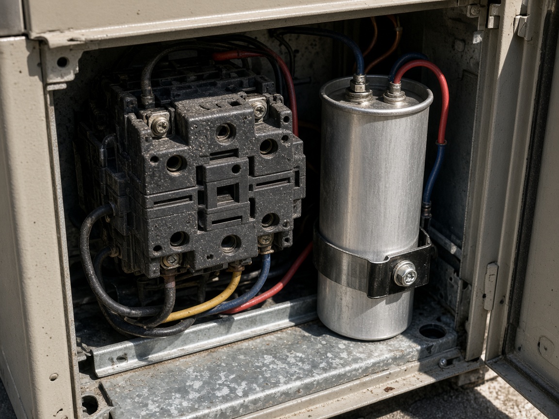 Pitted AC contactor and capacitor inside an outdoor electrical bay