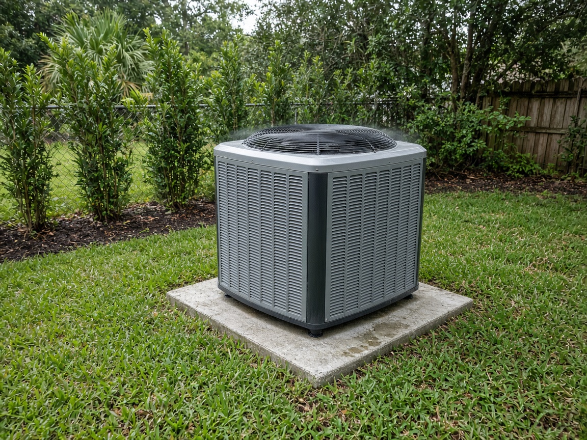 Outdoor AC condenser running hard in a Florida backyard