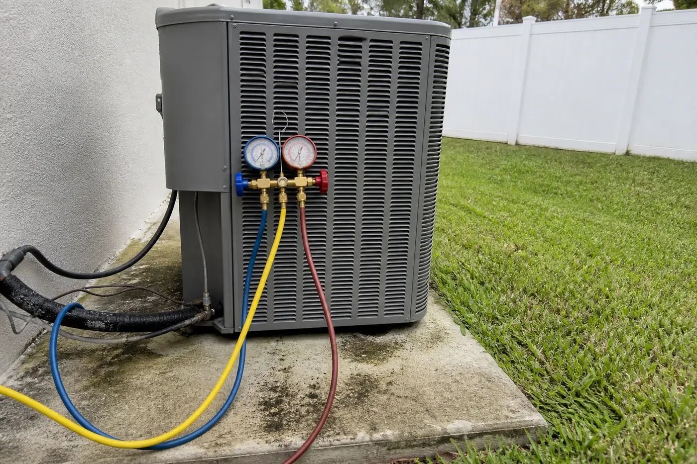 Manifold gauges on an outdoor condenser during an AC repair diagnostic in Tampa Bay