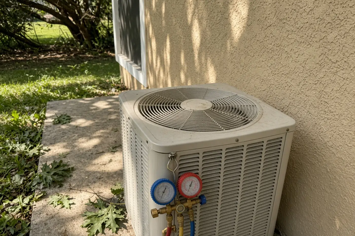 Manifold gauges on an outdoor condenser during an AC tune-up in Tampa Bay