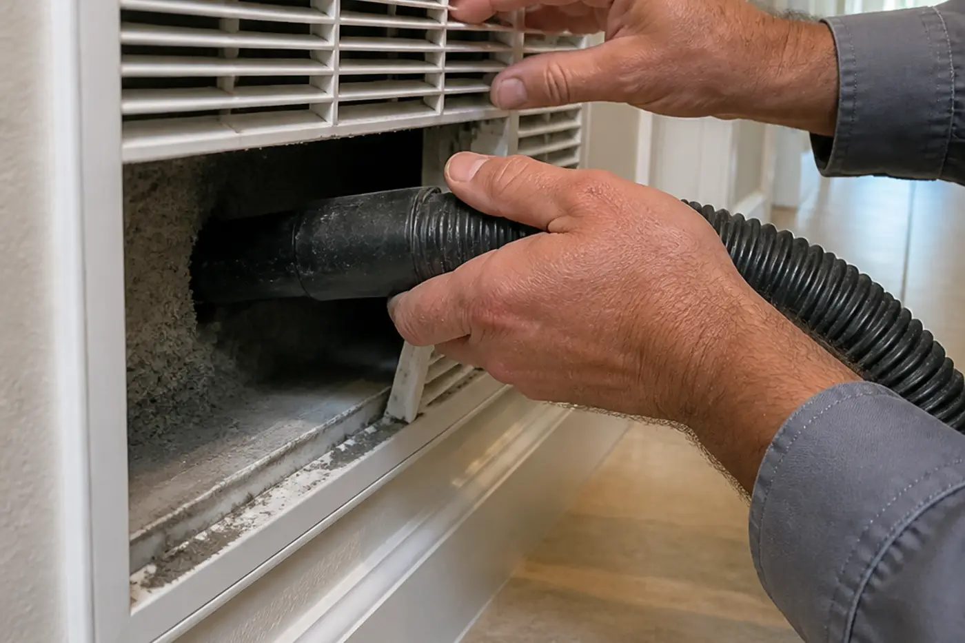 Hands guiding a vacuum hose at a return grille during air duct cleaning in Tampa Bay