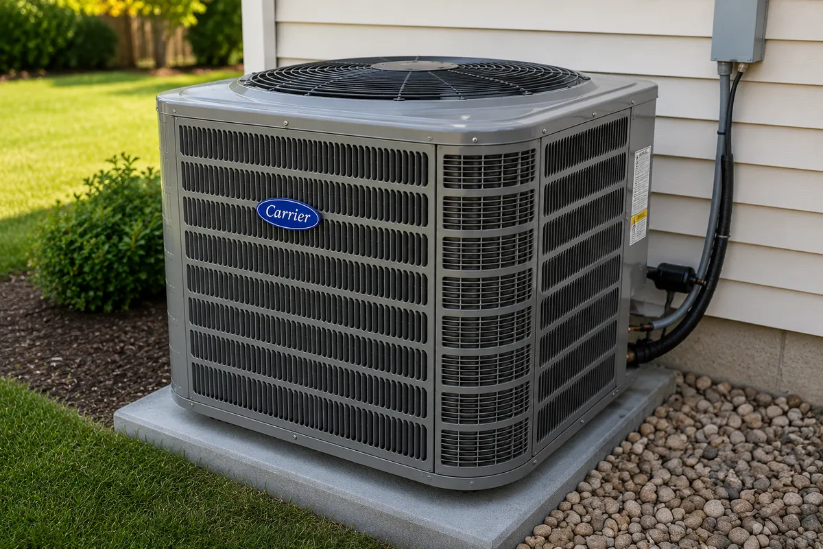 Carrier outdoor AC condenser installed at a Tampa Bay home, compared with Trane and Rheem