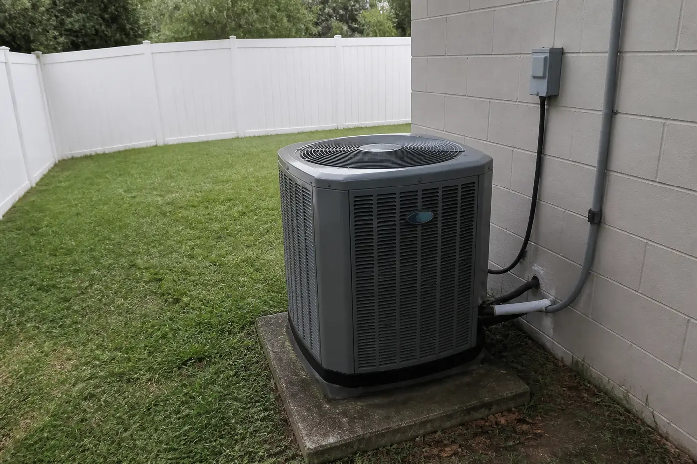 Carrier outdoor AC condenser installed in a Tampa Bay backyard