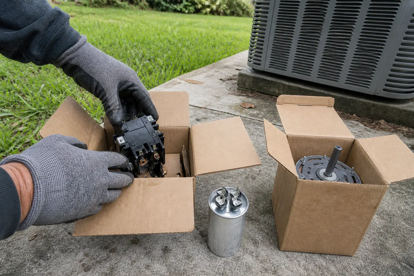 HVAC capacitor, contactor, and fan motor next to an outdoor condenser in Tampa Bay