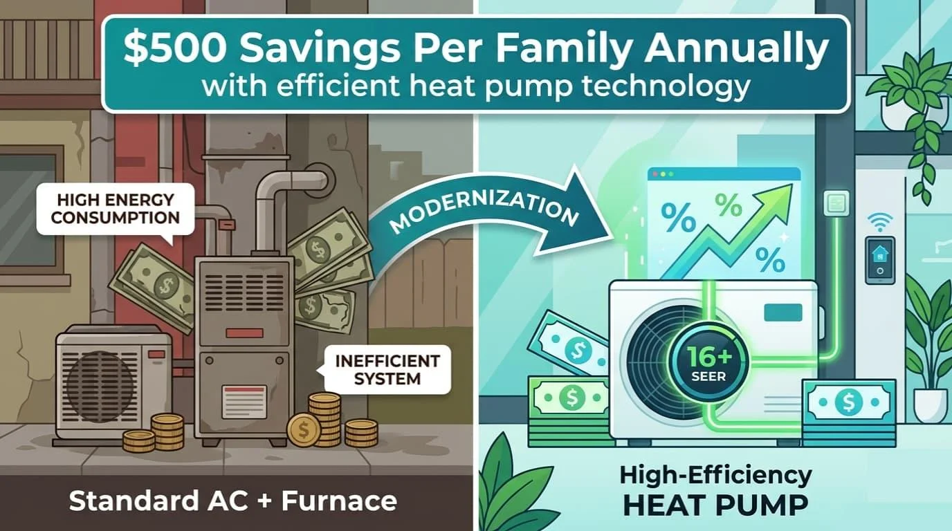 Side-by-side of a standard AC plus furnace versus a high-efficiency heat pump showing $500 in annual family savings