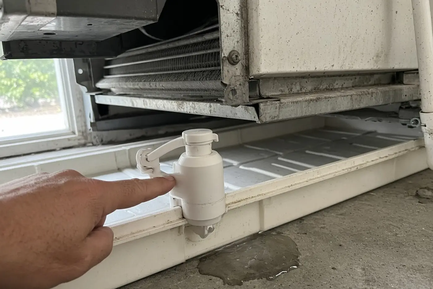 Technician checking a condensate float switch