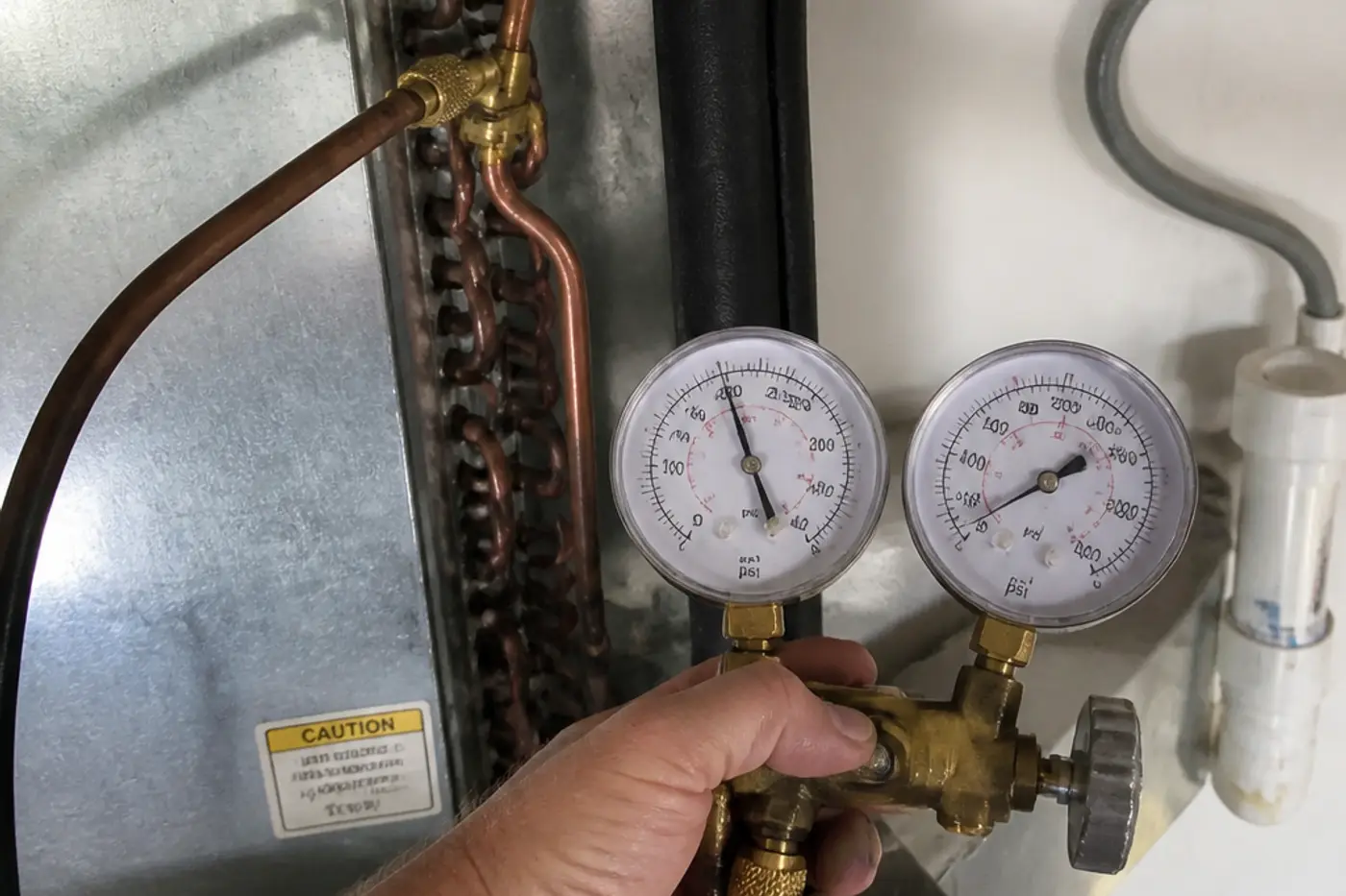 Nitrogen pressure test gauges on an indoor coil line set during a leak search