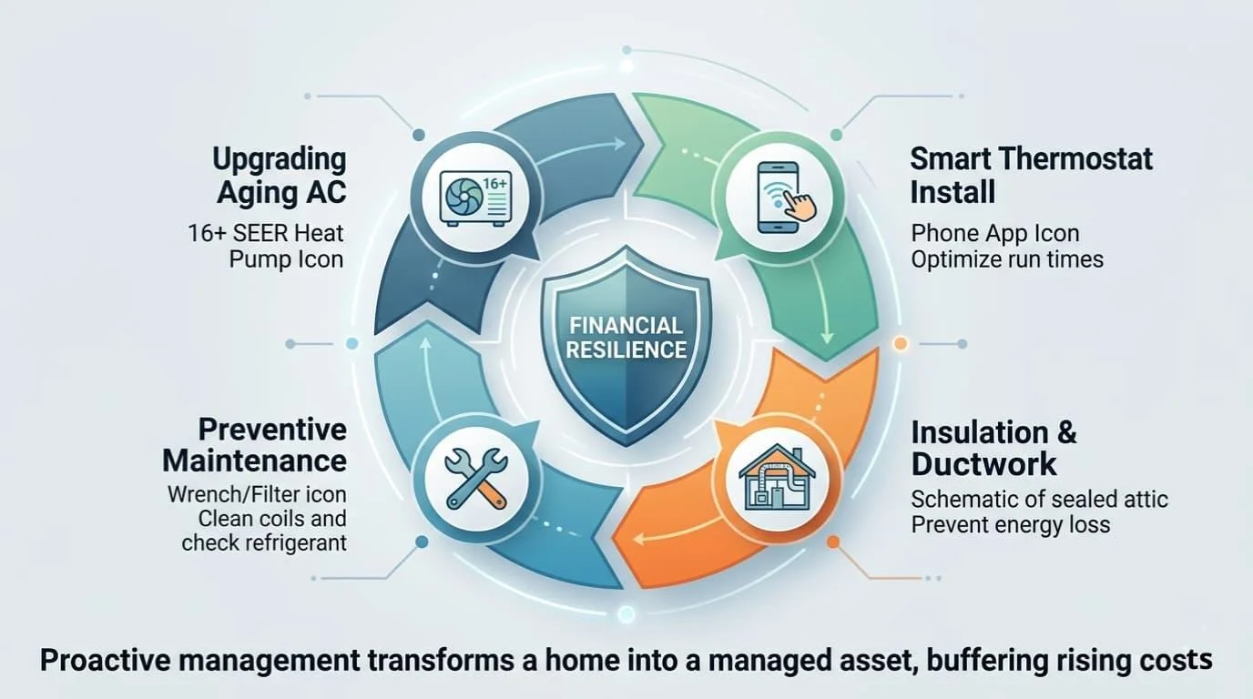 Financial resilience wheel showing four ways to prepare a home for rising cooling costs: upgrading aging AC, smart thermostat, insulation and ductwork, and preventive maintenance