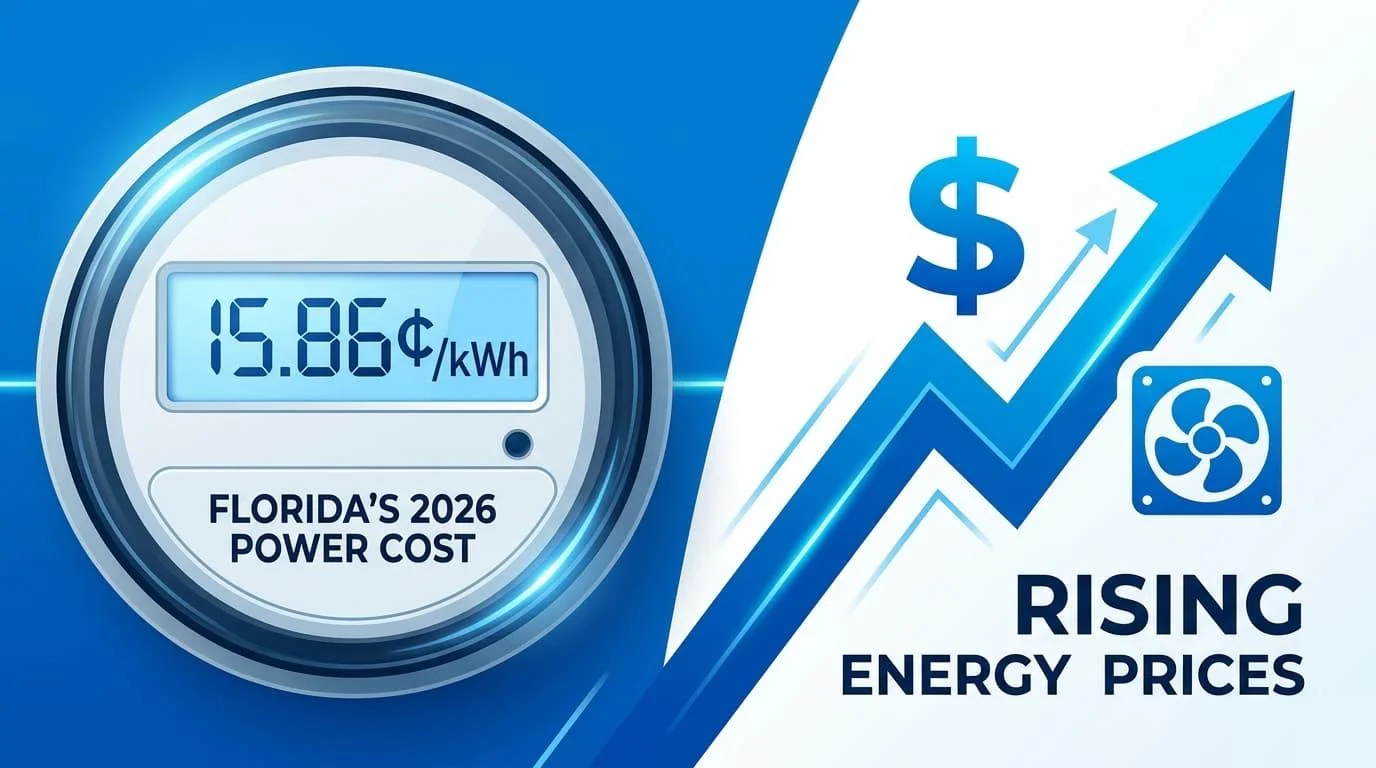 Florida's 2026 power cost of 15.86 cents per kWh shown on an electric meter beside a rising-energy-prices arrow