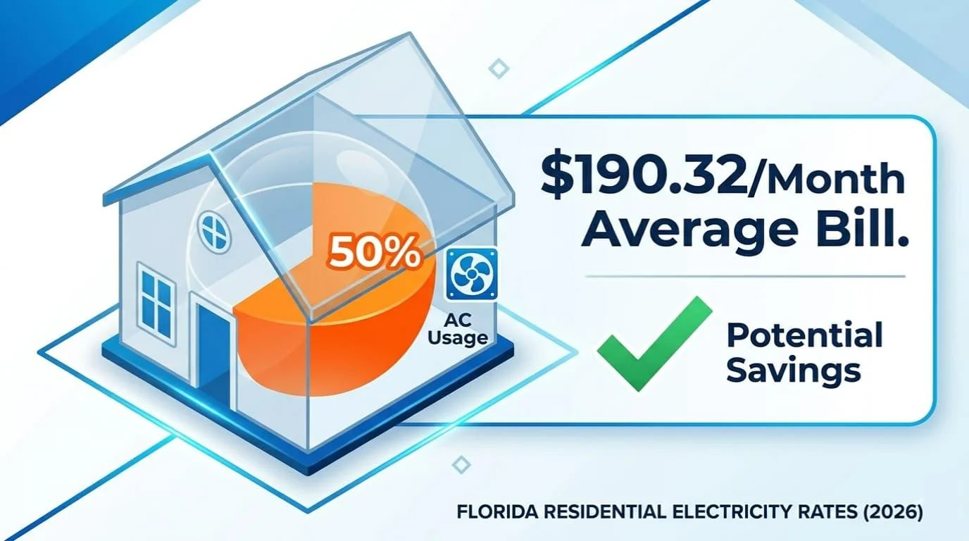 Graphic of a $190.32 average monthly Florida electric bill with air conditioning accounting for about 50% of usage and potential savings highlighted