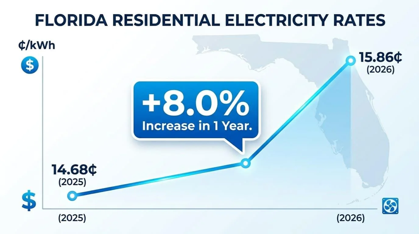 Line chart of Florida residential electricity rates rising 8% from 14.68 cents in 2025 to 15.86 cents in 2026