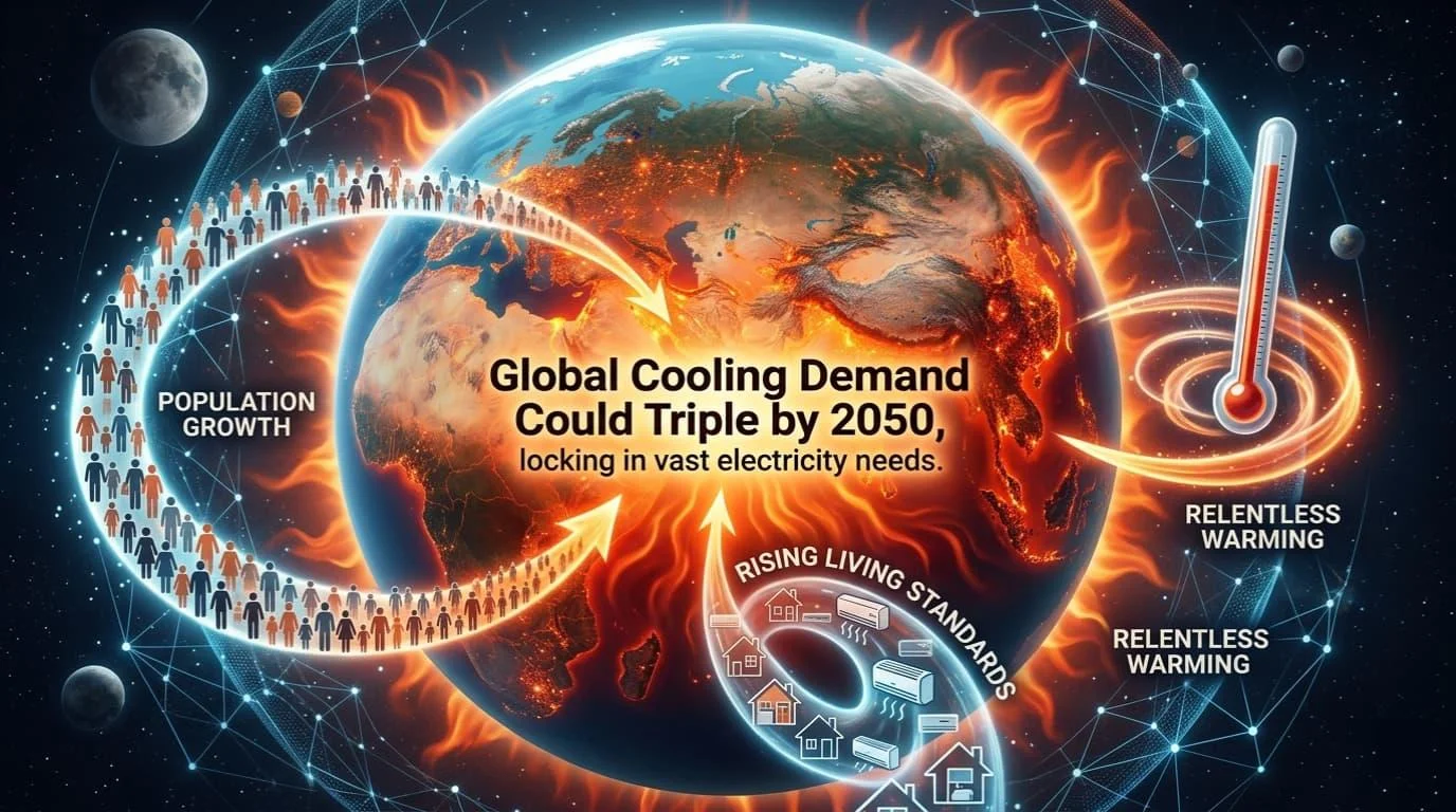 Global graphic showing cooling demand could triple by 2050 due to population growth, rising living standards, and relentless warming