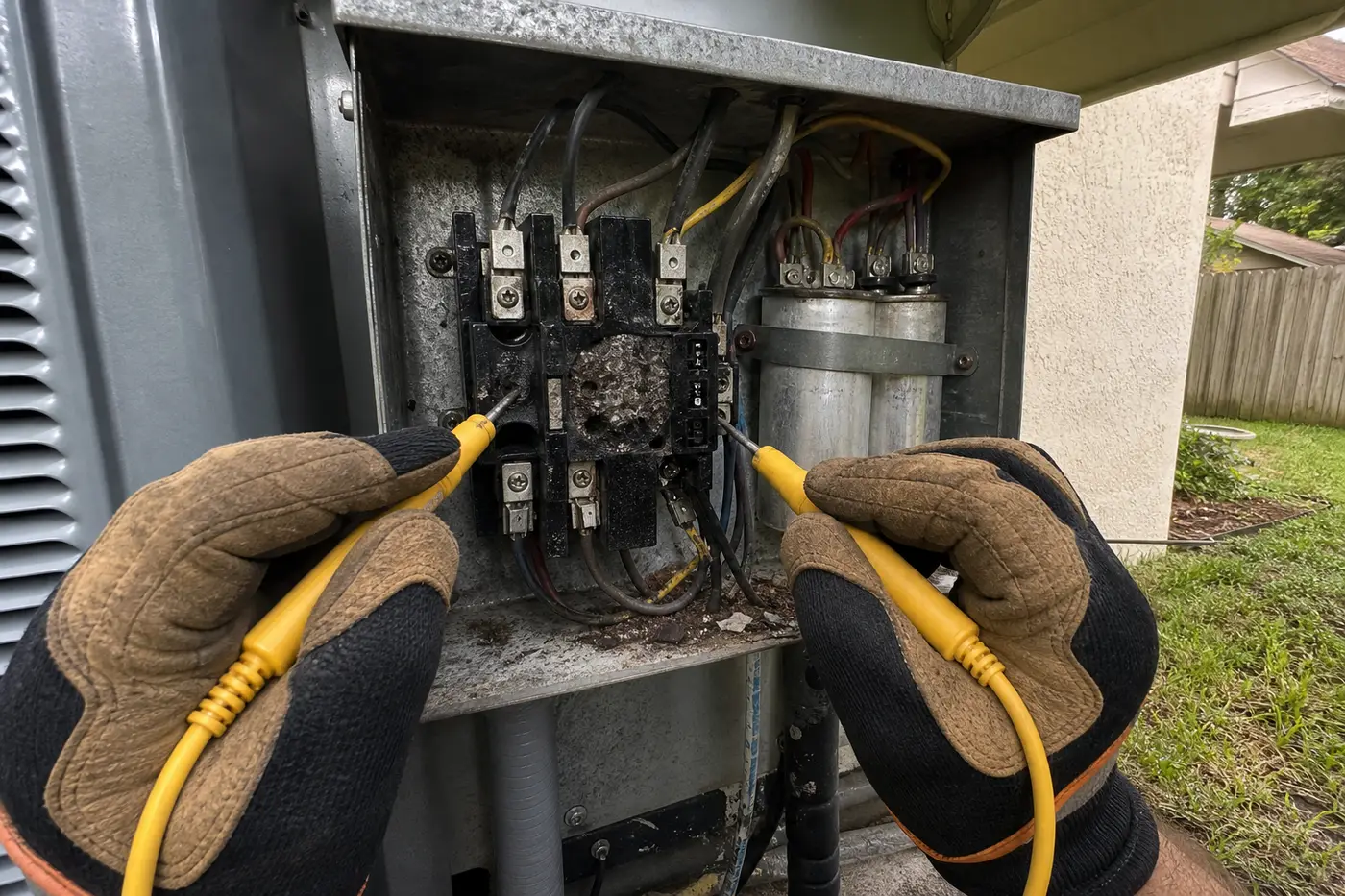 Multimeter on a heat pump contactor and capacitor during heat pump repair in Tampa