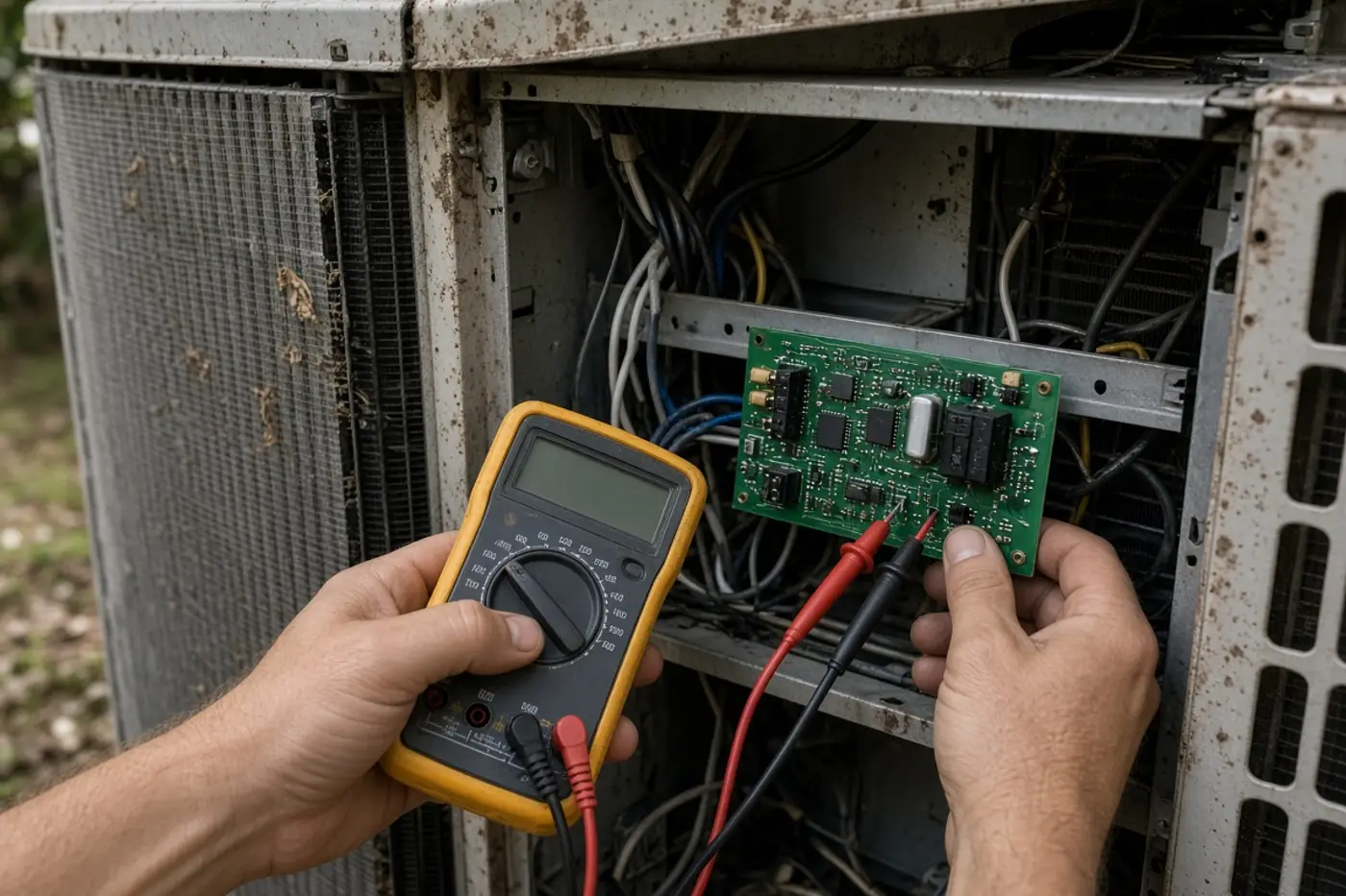 Hands testing a heat pump defrost board during heating service in Tampa