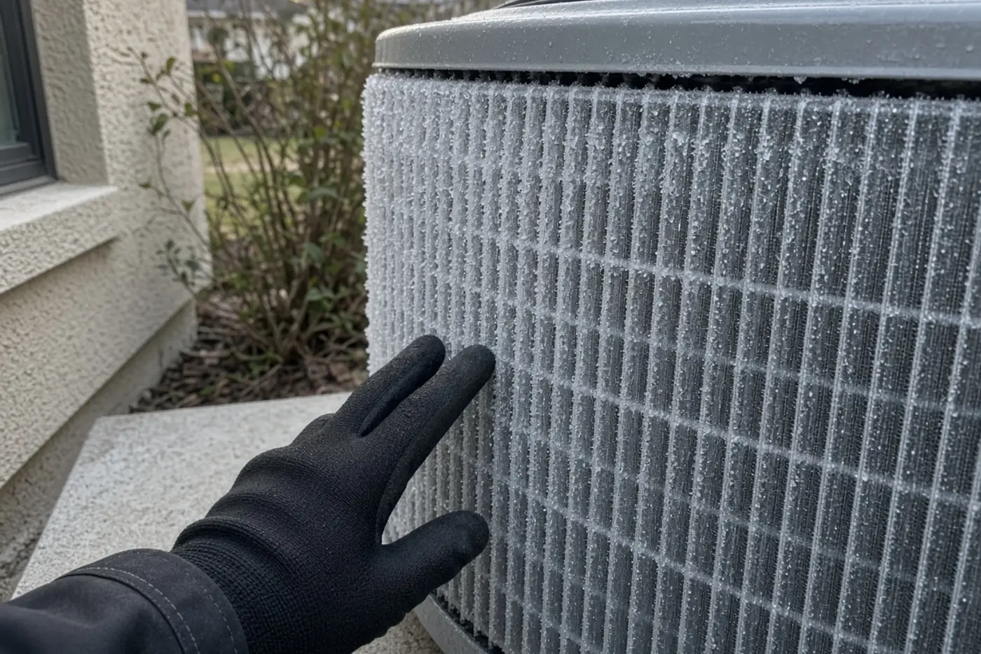 Frosted outdoor heat pump coil during heating service in Tampa