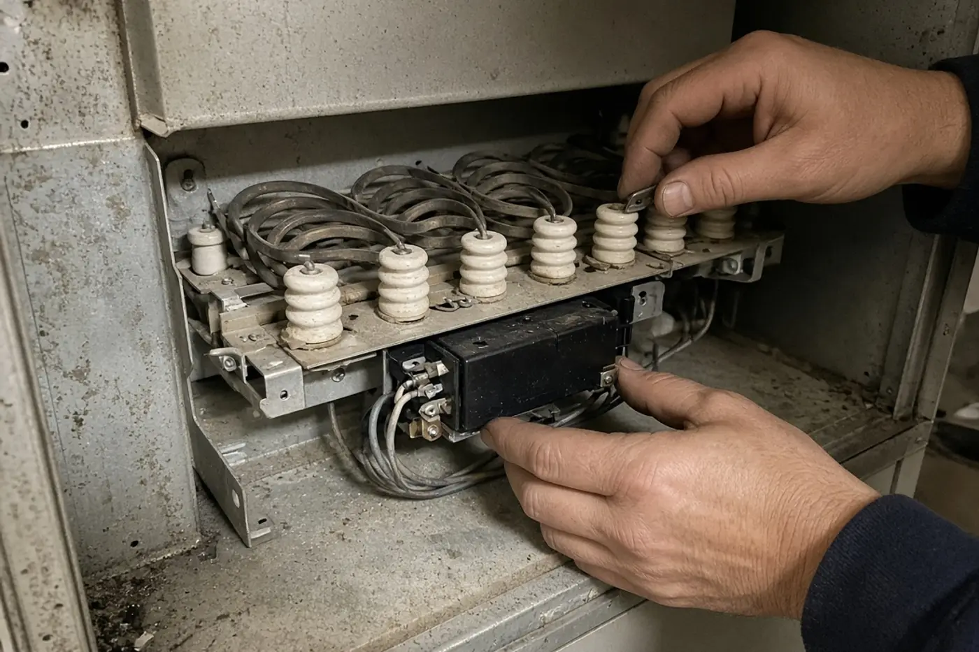 Hands inspecting electric heat strips inside an air handler during heating service in Tampa