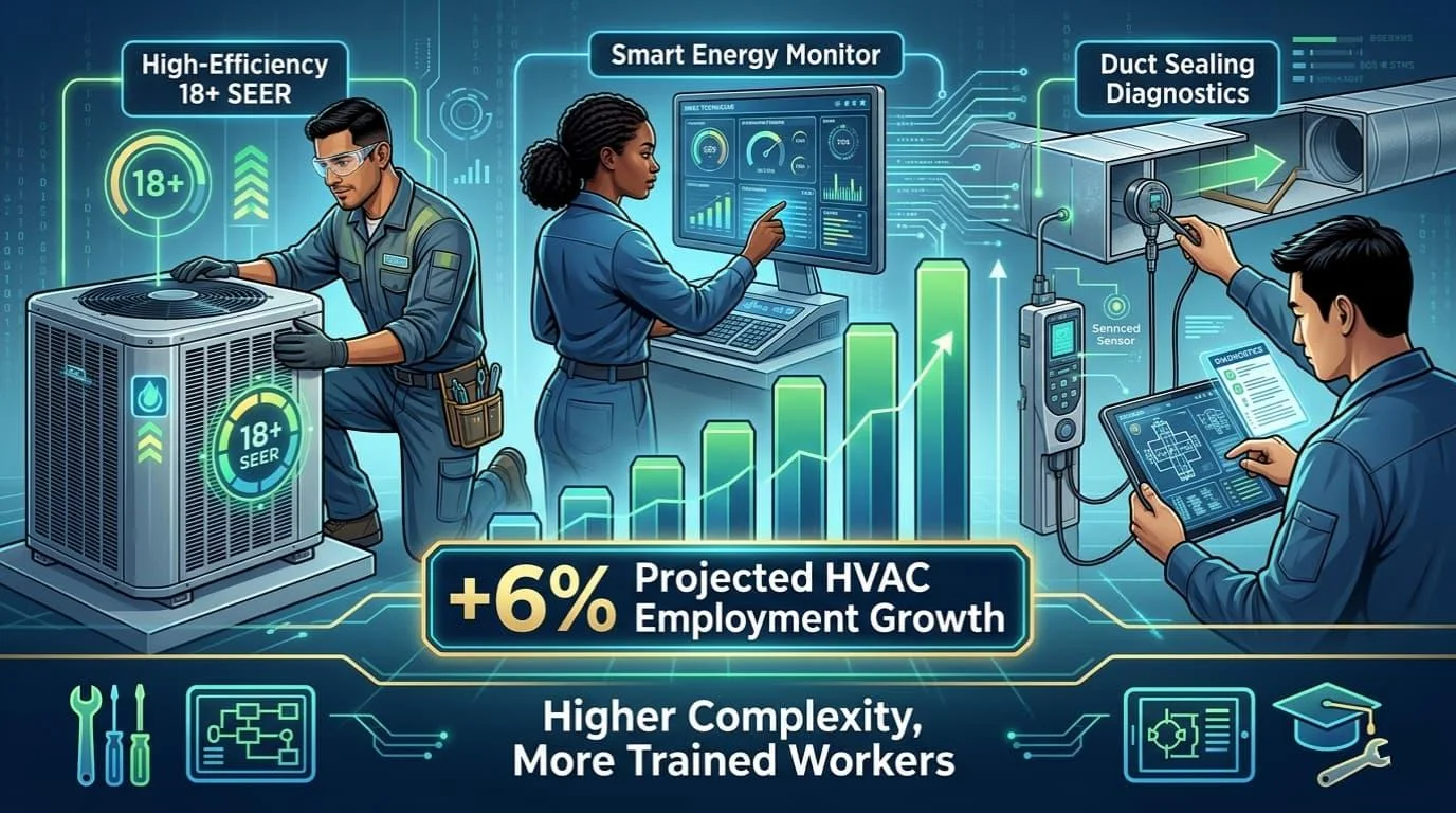 HVAC technicians working with high-efficiency equipment and smart diagnostics, illustrating +6% projected employment growth