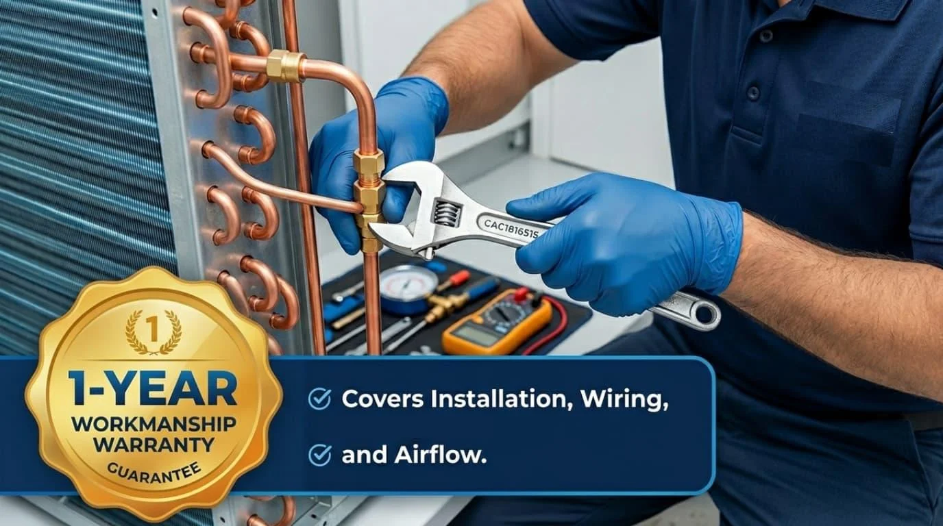 Technician brazing copper line set with a 1-year workmanship warranty seal covering installation, wiring, and airflow