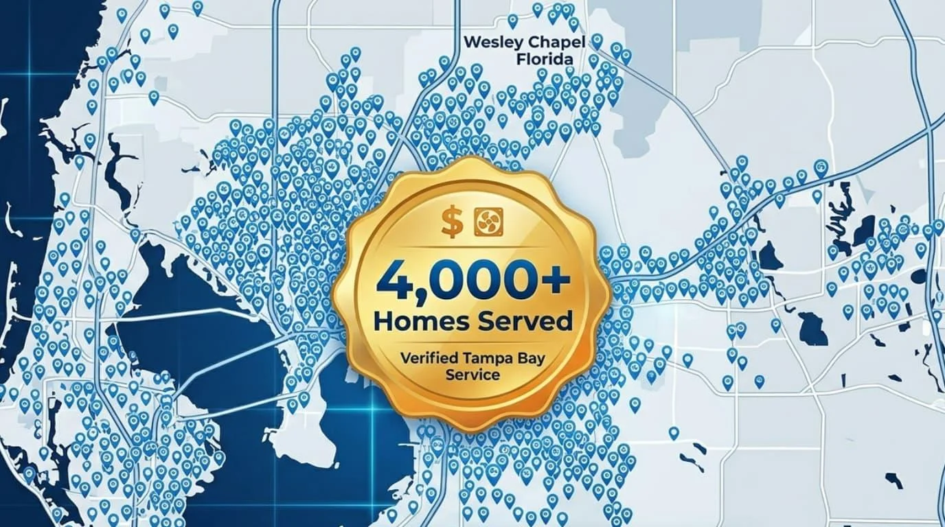 Map of the Tampa Bay area around Wesley Chapel with a 4,000+ homes served verified-service seal for I Care Air Care