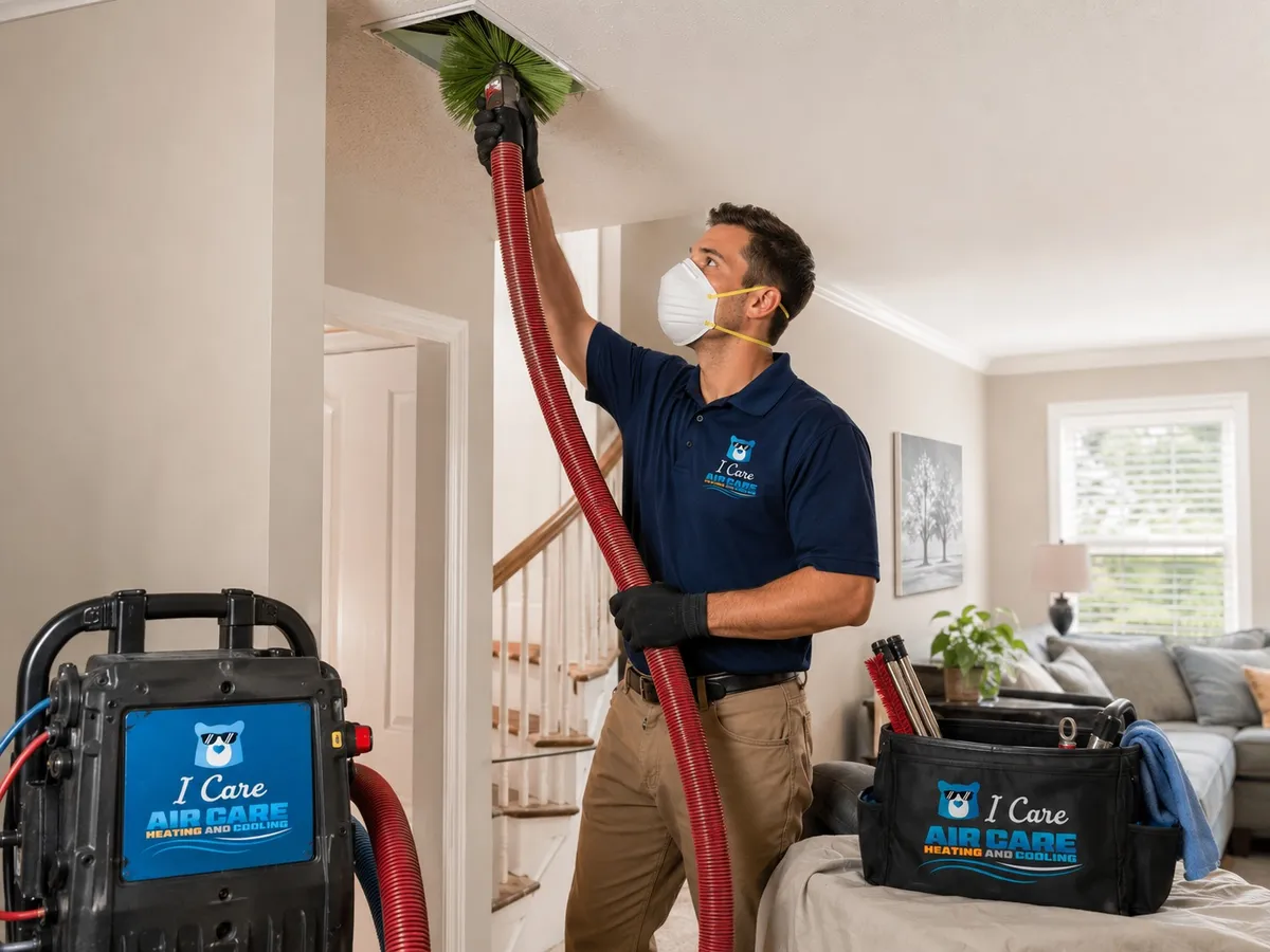 I Care Air Care technician performing professional air duct cleaning in a Wesley Chapel home — join our growing team