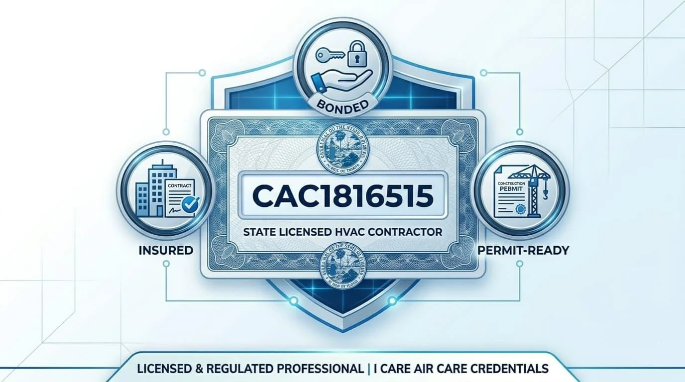 Florida HVAC contractor license CAC1816515 badge showing bonded, insured, and permit-ready credentials for I Care Air Care