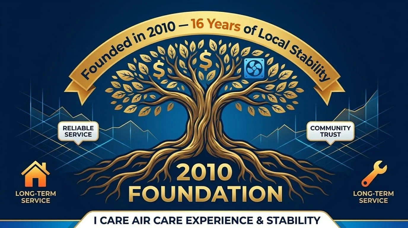 Graphic marking I Care Air Care's 2010 founding and 16 years of local stability, reliable service, and community trust