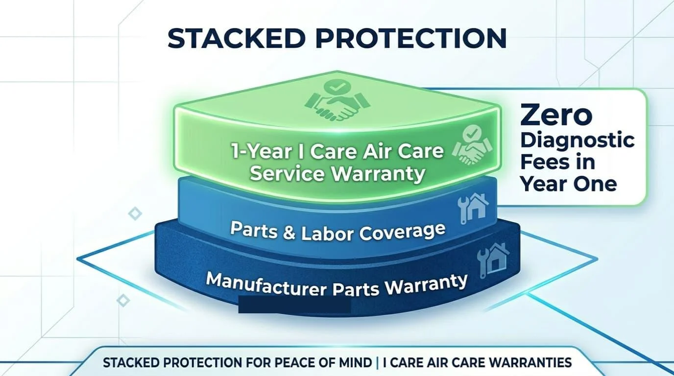 Stacked protection graphic layering I Care Air Care's 1-year service warranty over parts and labor and the manufacturer parts warranty, with zero diagnostic fees in year one