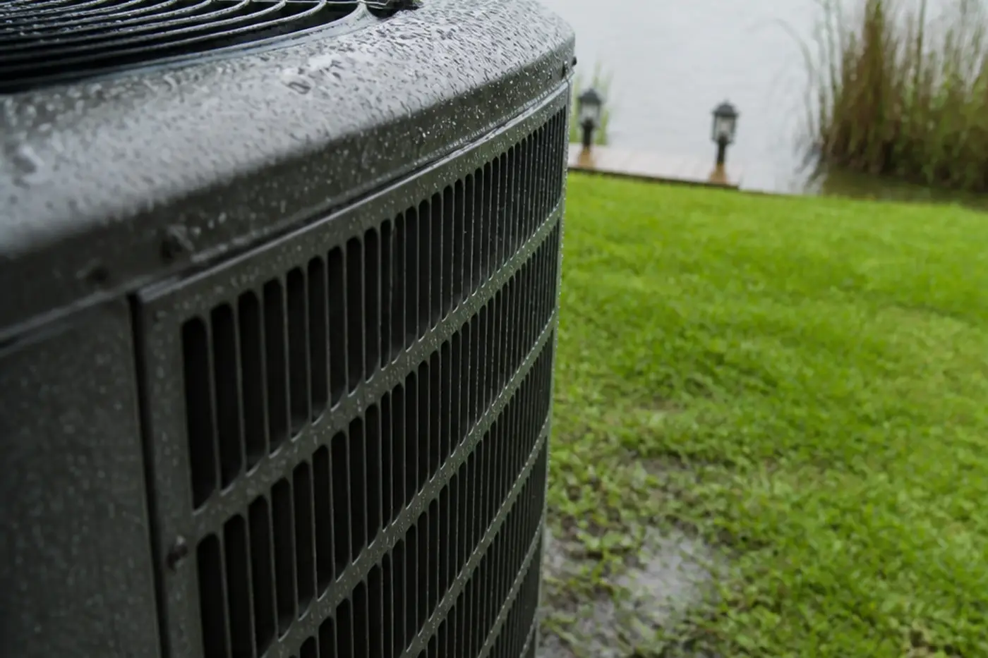 Outdoor AC condenser on a humid Land O' Lakes lakefront lot