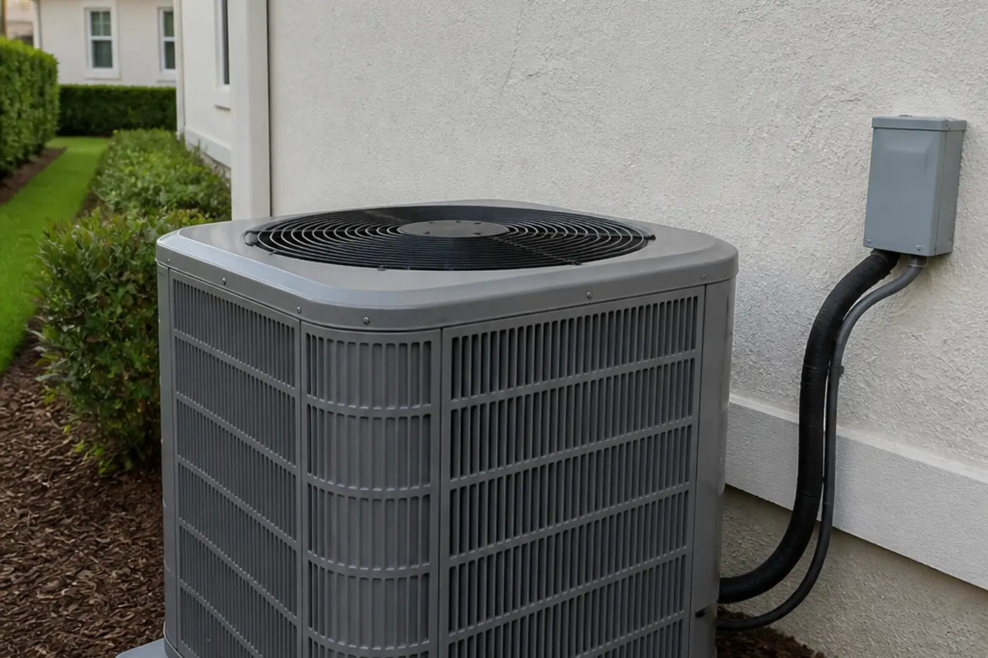New outdoor condenser on a pad in a Land O' Lakes master-planned neighborhood
