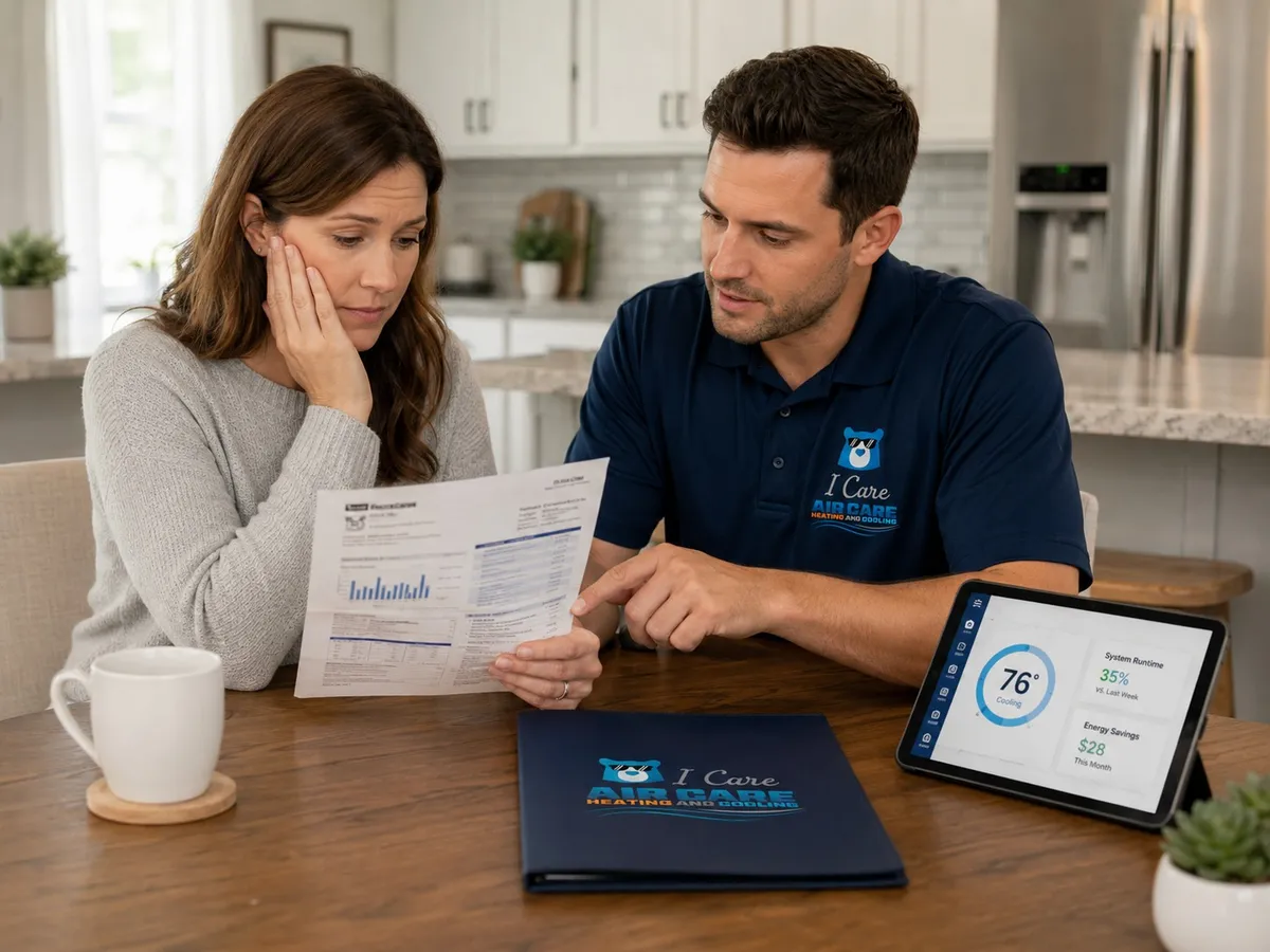 I Care Air Care technician reviewing a high energy bill with a Wesley Chapel homeowner to lower cooling costs