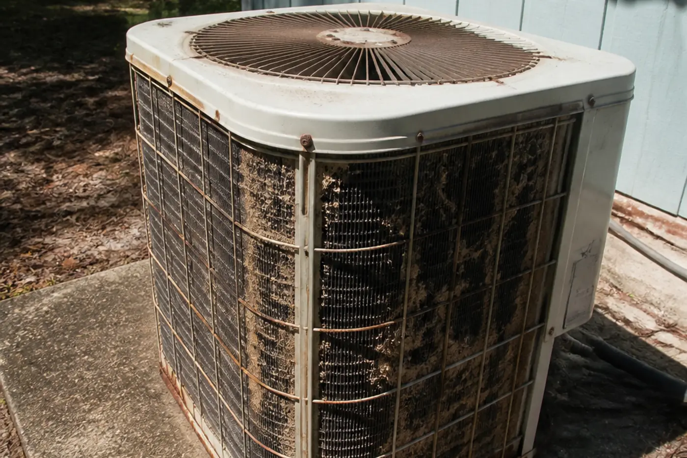 Older outdoor AC condenser on a Lutz ranch home, typical of unincorporated Lutz HVAC stock