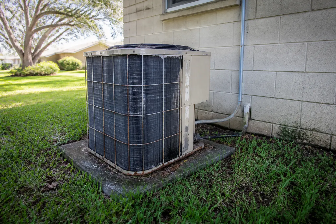 Aged outdoor AC condenser in Tampa Palms, typical New Tampa heating and cooling equipment at replacement age