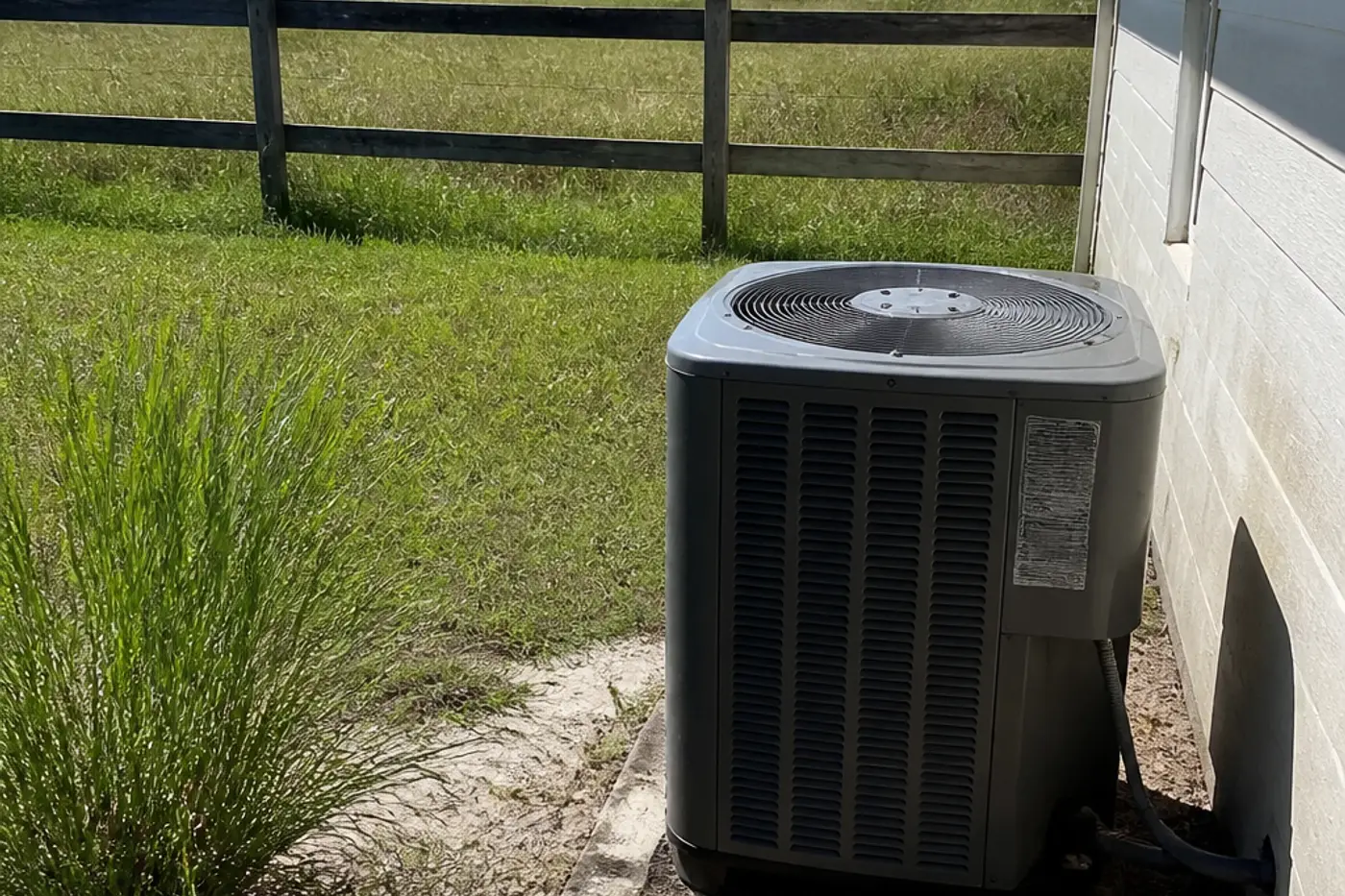 Outdoor AC condenser in tall grass on a rural Pasco County lot