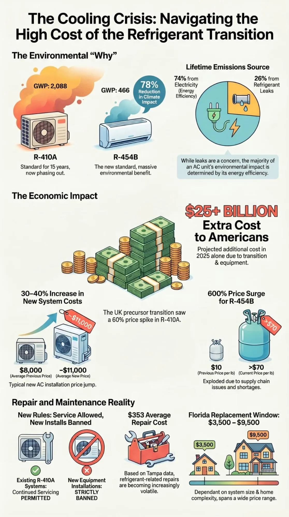 Infographic of refrigerant phase-out key statistics affecting AC repair costs in Florida