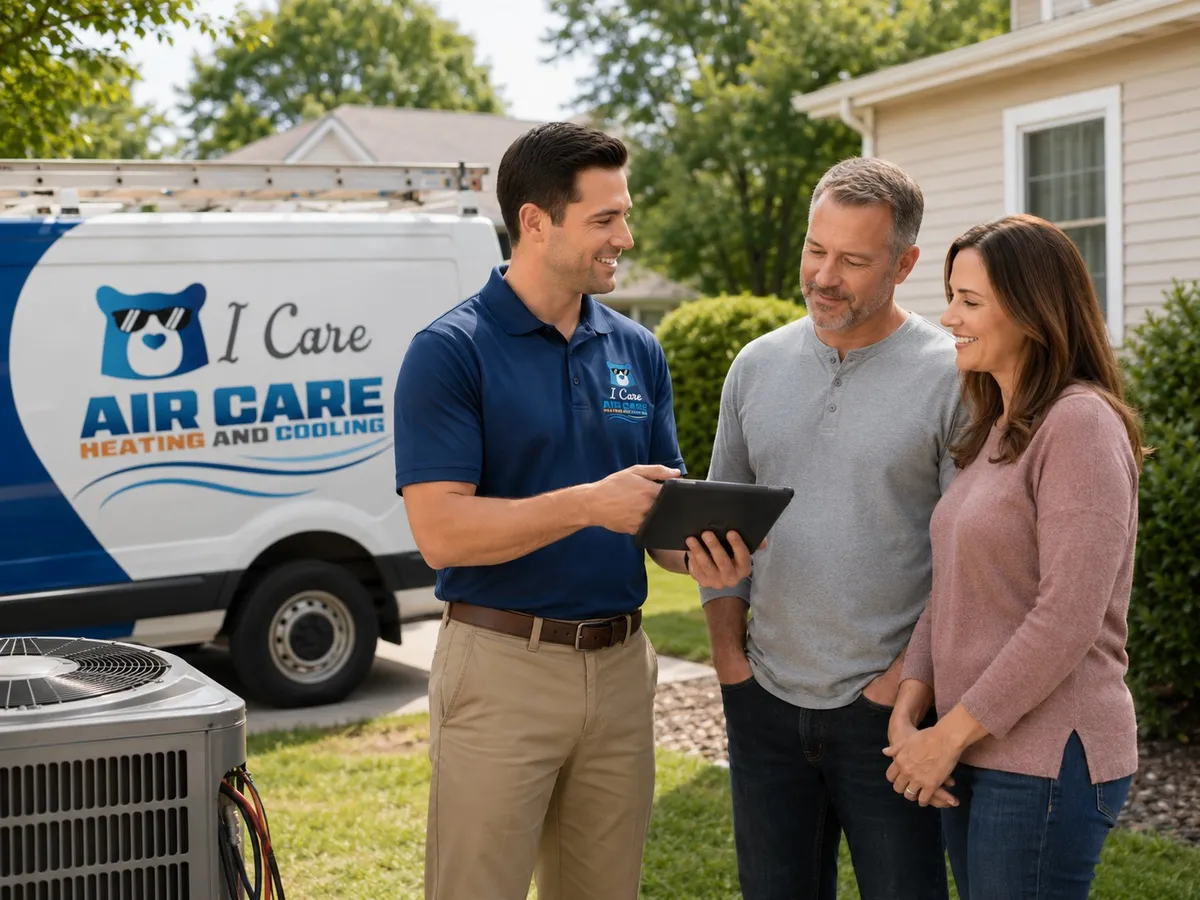 Happy homeowners with an I Care Air Care technician by the service van after finding a reliable HVAC contractor