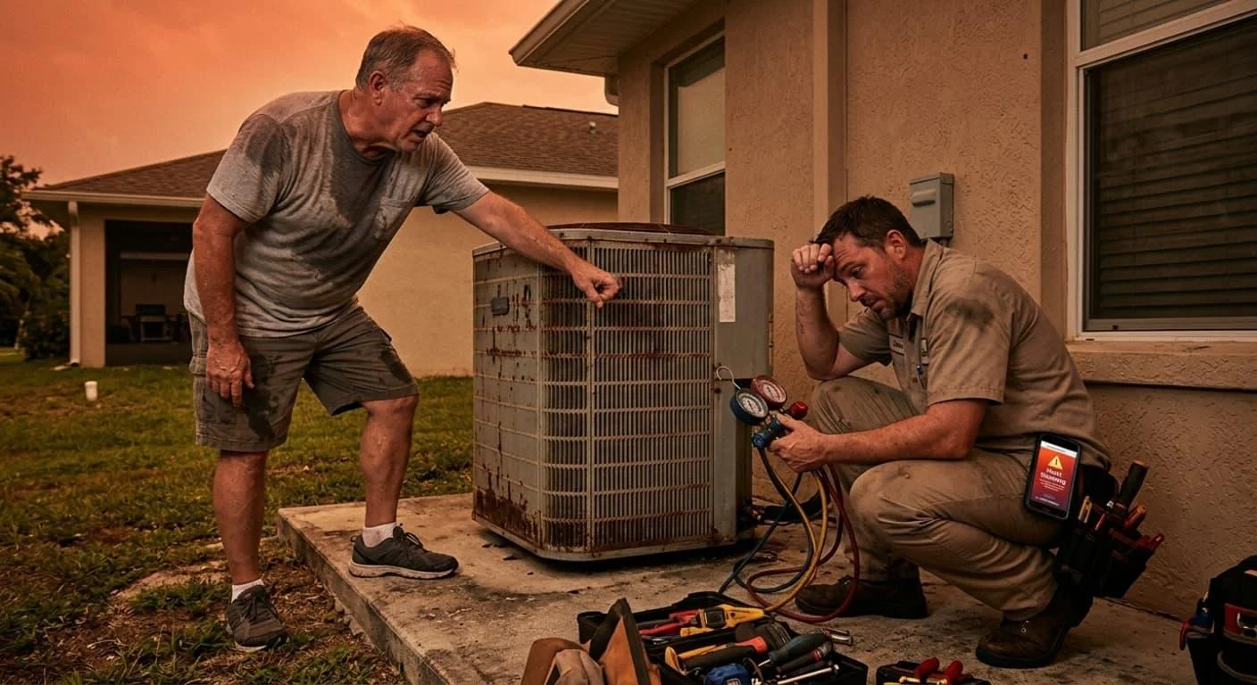 Wesley Chapel homeowner and an I Care Air Care technician inspecting an outdoor AC condenser during a hot Florida evening
