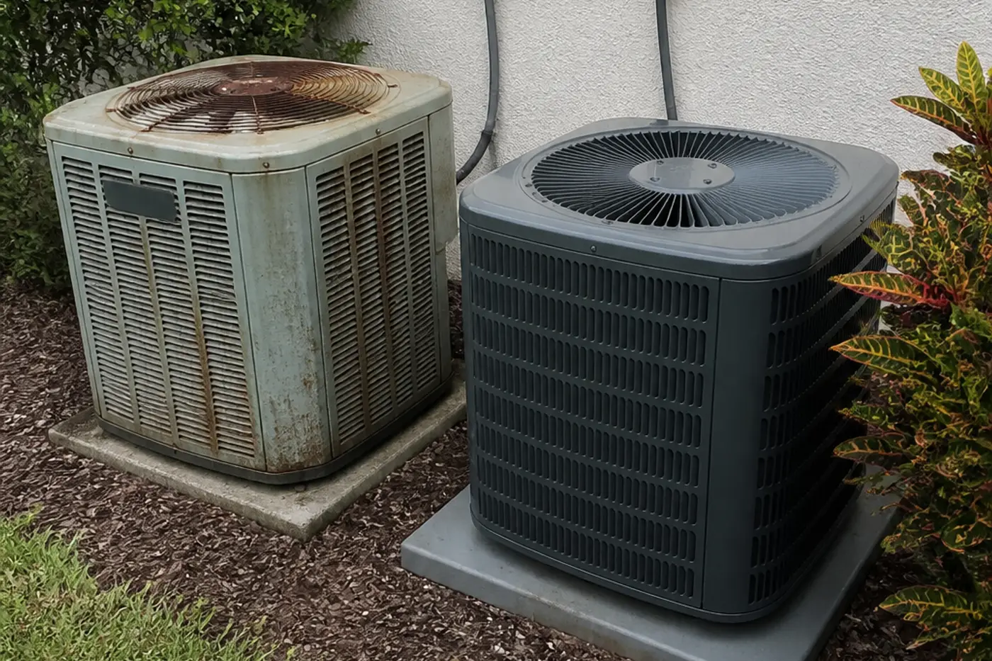 Older outdoor condenser next to a newer replacement unit on adjacent pads at a Florida house