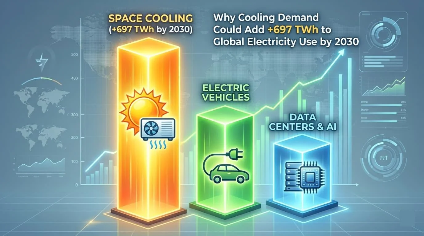 Bar comparison showing space cooling adding +697 TWh to global electricity demand by 2030, alongside electric vehicles and data centers