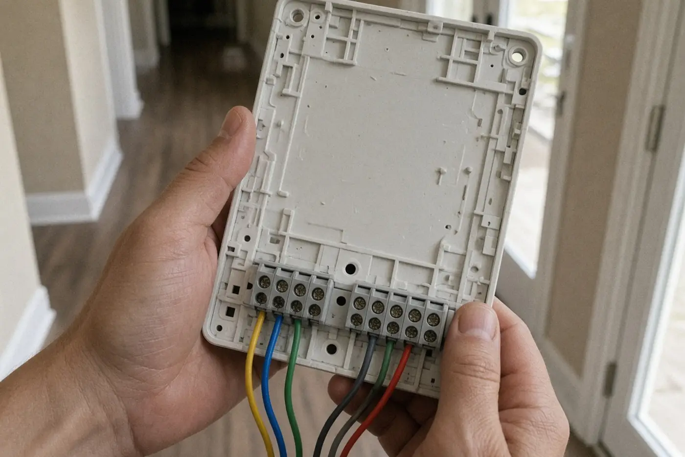 Hands holding a thermostat backplate and terminals during installation in Tampa