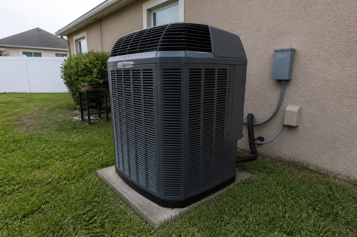 Trane outdoor heat pump condenser installed in a Tampa Bay backyard