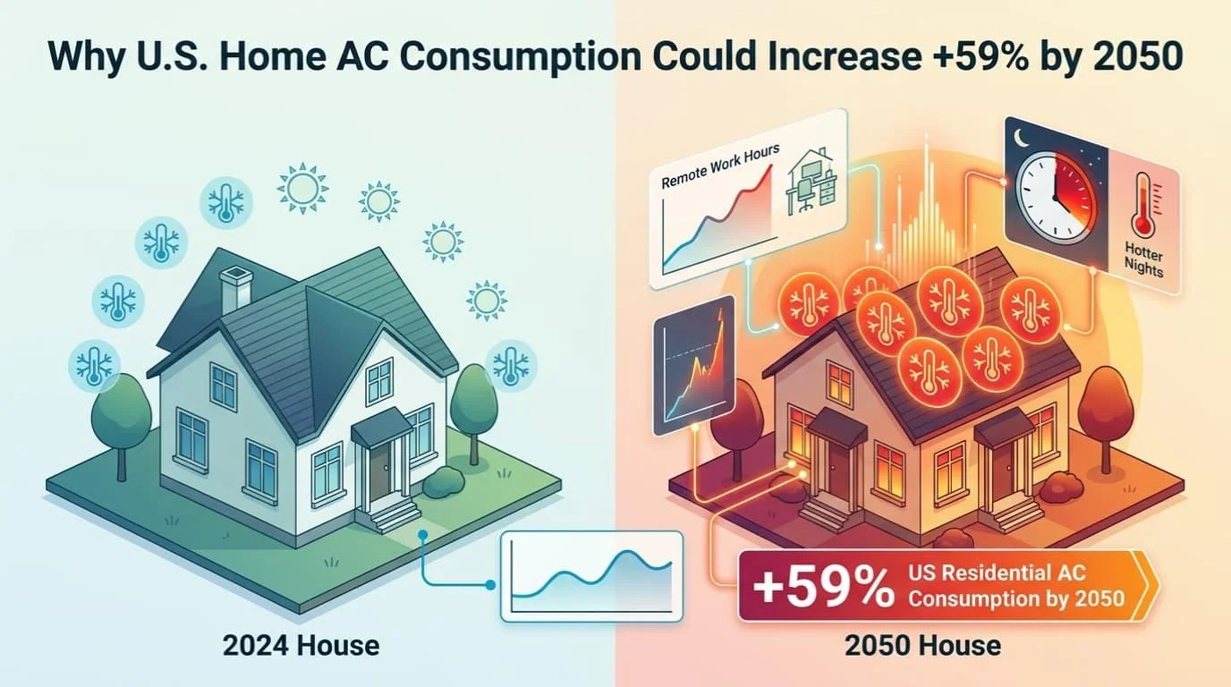 Comparison of a 2024 house and a 2050 house showing a projected +59% increase in U.S. residential AC electricity consumption