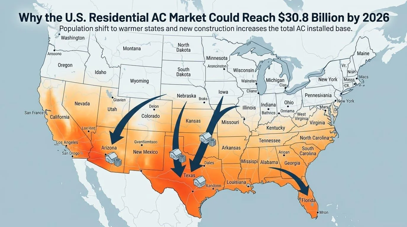 US map showing population shift to warmer Sun Belt states driving the residential AC market toward $30.8 billion by 2026