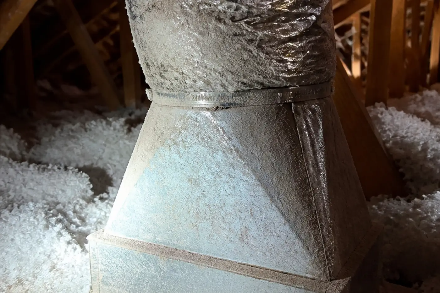 Dusty flex supply boot in a Wesley Chapel attic, typical before air duct cleaning