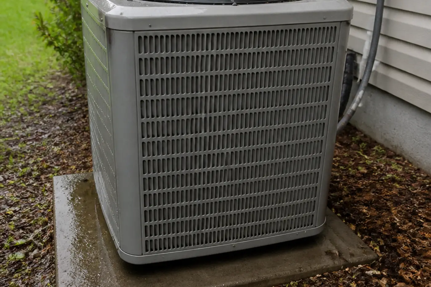 Outdoor AC condenser in wet mulch in a Wesley Chapel backyard, a common tune-up finding