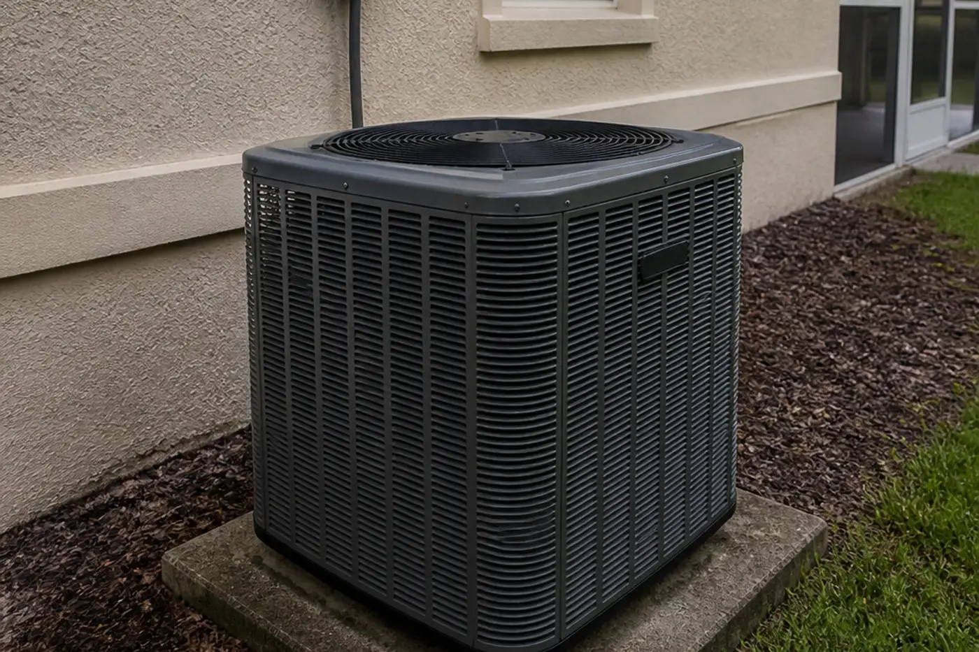 Outdoor AC condenser on a pad at a Wesley Chapel home